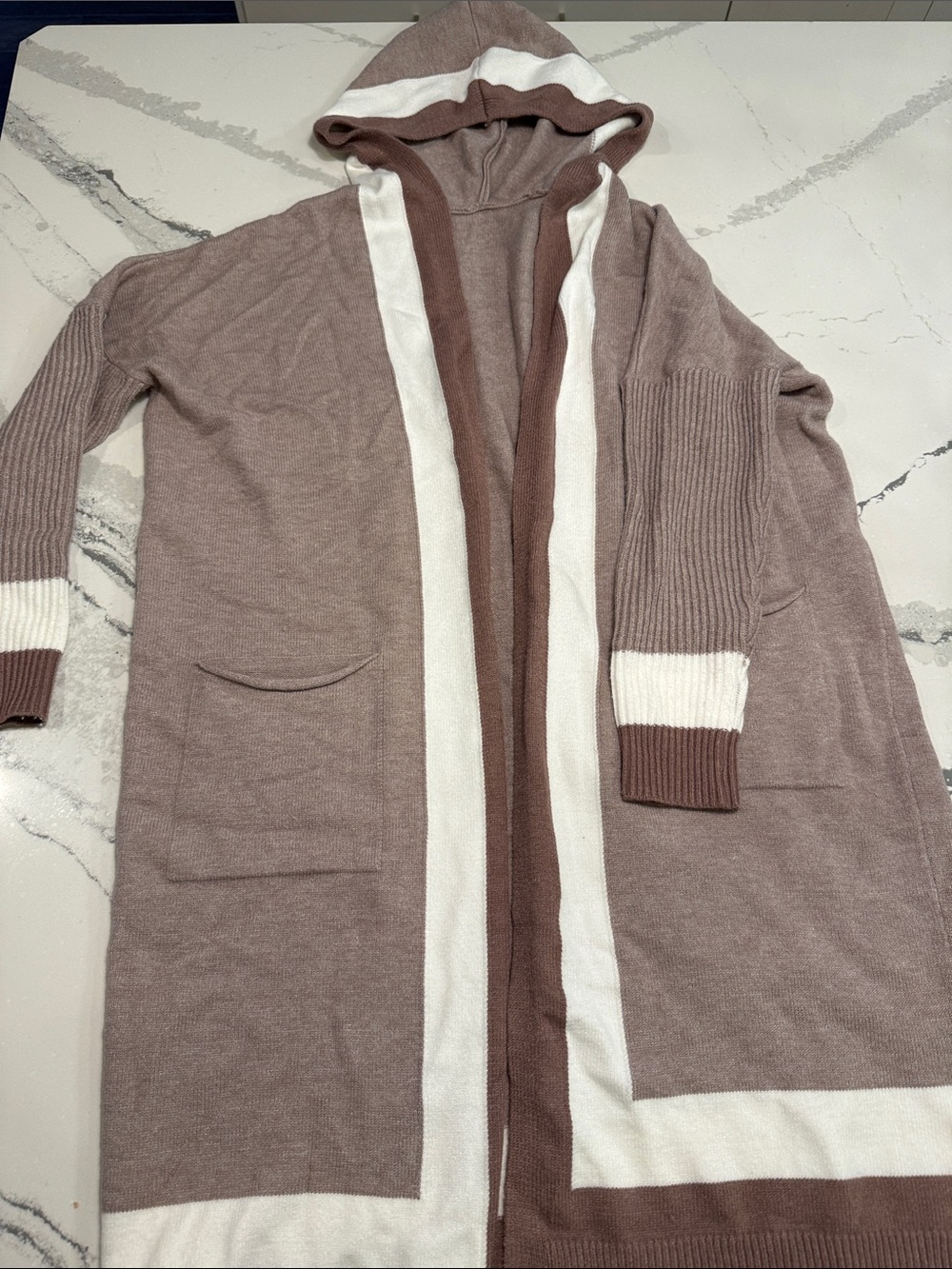 Hooded Longline Cardigan with Contrast Trim - Taupe & White